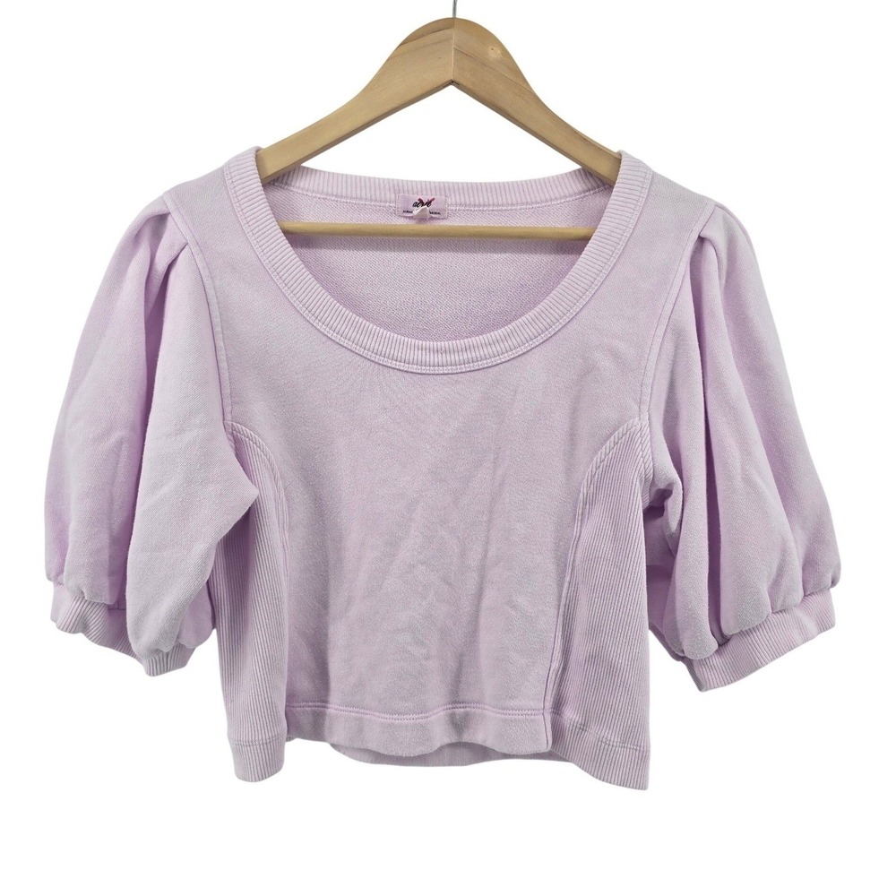 Aerie Sweatshirt Womens Medium Lavender Puff Short Sleeve Cropped Ribbed Scoop